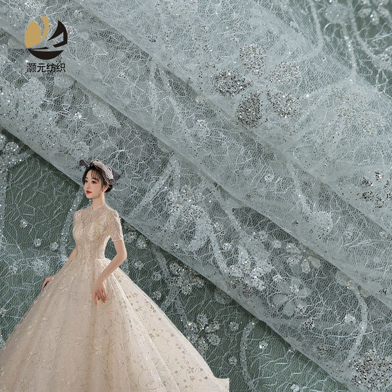 闪光亮片面料 经编涤纶 时尚花朵复合蕾丝婚纱连衣裙面料