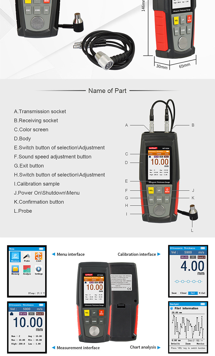 WT100A digital ultrasonic thickness gauge meter