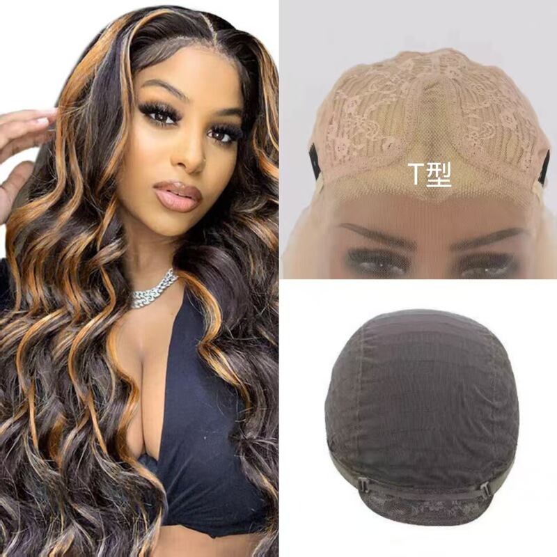 Cross-Border Lace Front T-Shaped New Wig for European and American Women, Brown Middle-Parted Long Curly Hair, Natural Big Waves, Chemical Fiber Head