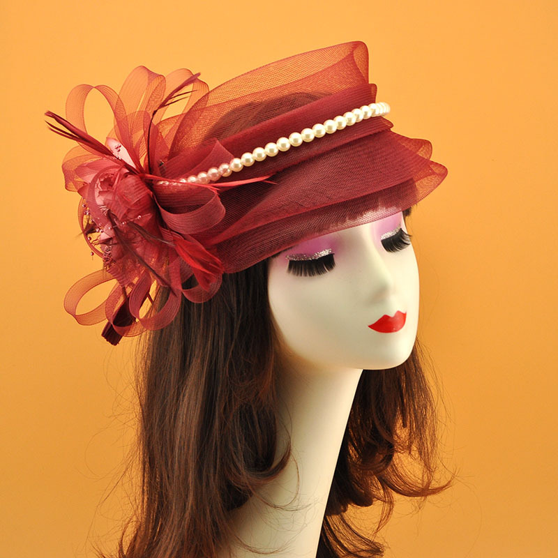 Amazon popular tocado de malla de Europa y América arco Festival de Carreras de Caballos sombrero de copa de novia tocado Flor de plumas tocado accesorios para el cabello