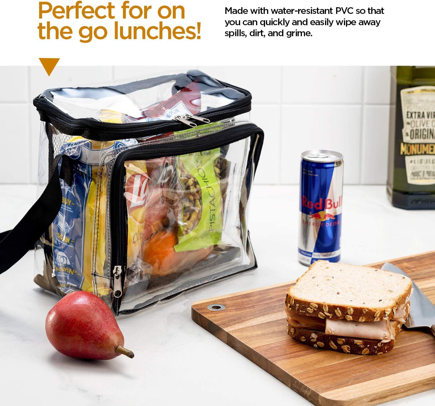 PVC Transparent Adjustable Strap Front Storage Compartment Mesh Pocket Outdoor Lunch Bag_voghion.com
