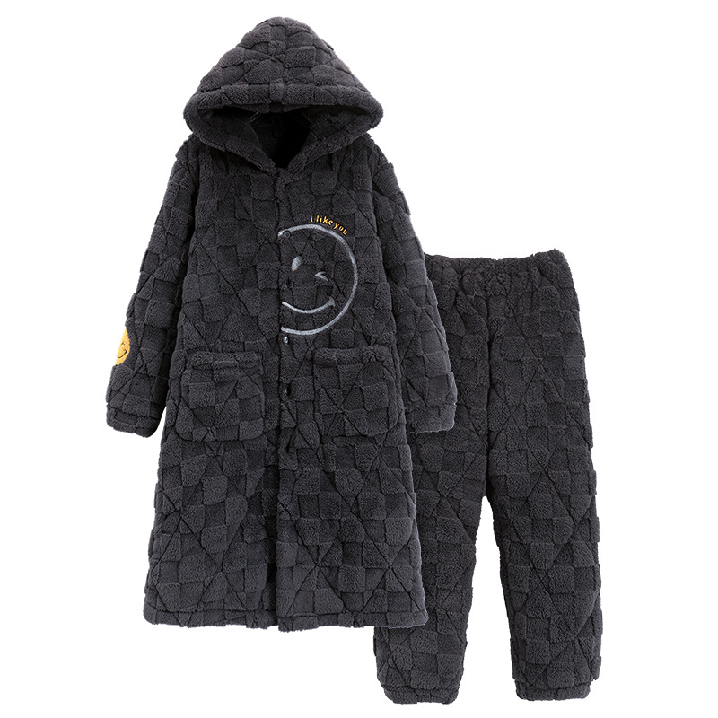 Pijamas de invierno para hombre 2024, bata acolchada de tres capas de longitud media, forro polar coral cálido con capucha, informal y grueso para uso exterior