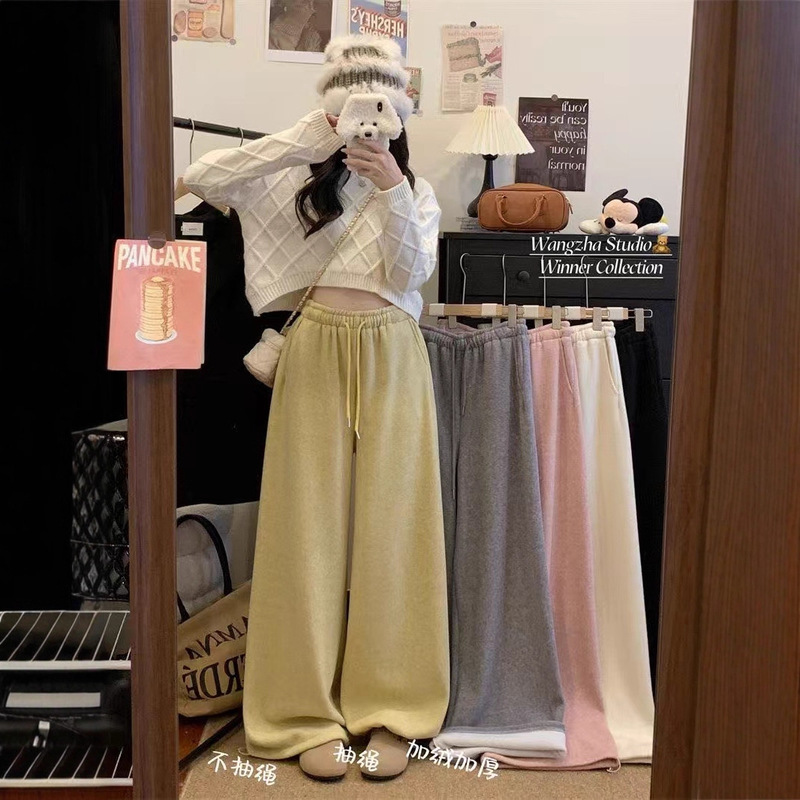 Ashimi Korean Cashmere Fleece-Lined Thickeneded Long Legs Slimming Look Drawstring Leg Cuffs Casual Two-Wear Cloud Towel Pants Ashimi Korean Cashmere Fleece-Lined Thickeneded Long Legs Slimming Look Drawstring Leg Cuffs Casual Two-Wear Cloud Towel Pants