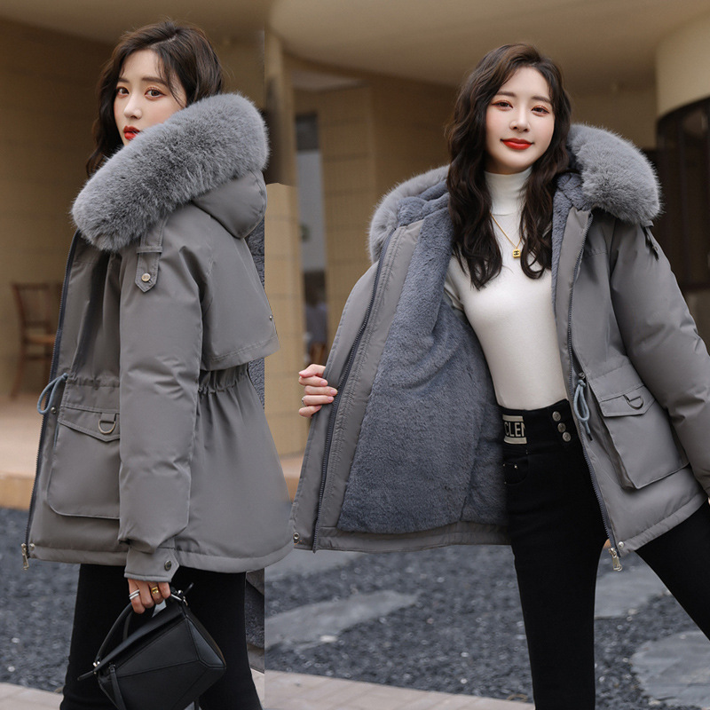 동남아 외국 무역 2023 신상 한국식 루즈 다운 코튼 재킷 여성 허리 빅 퍼 칼라 플러스 벨벳 파카 여성 트렌드
