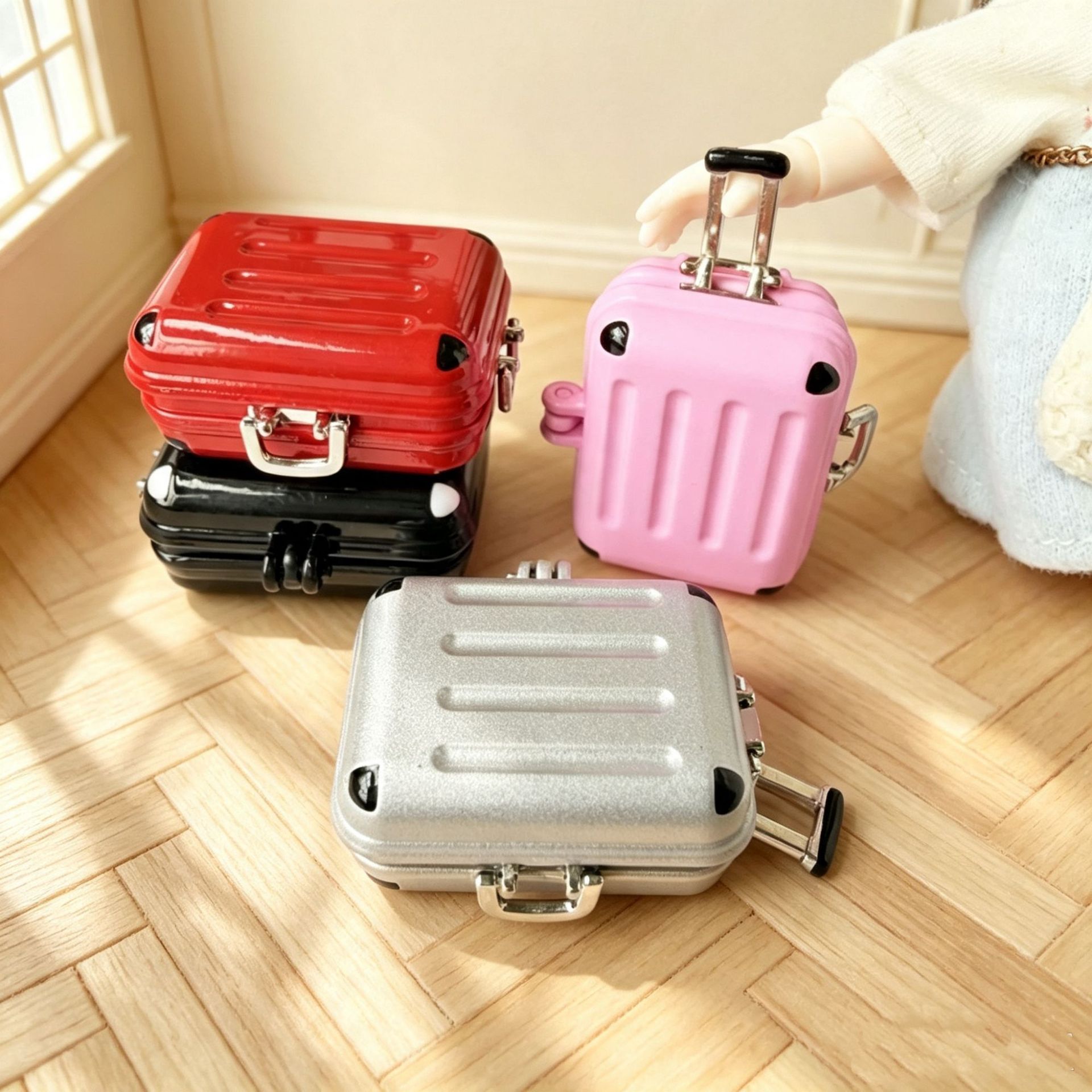 1:12 dollhouse miniature mini travel trolley case, metal luggage, pocket toy, photo prop for dolls