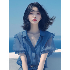 法式气质蓝色泡泡袖雪纺小衫女夏季新款遮肉显瘦上衣减龄薄款衬衫