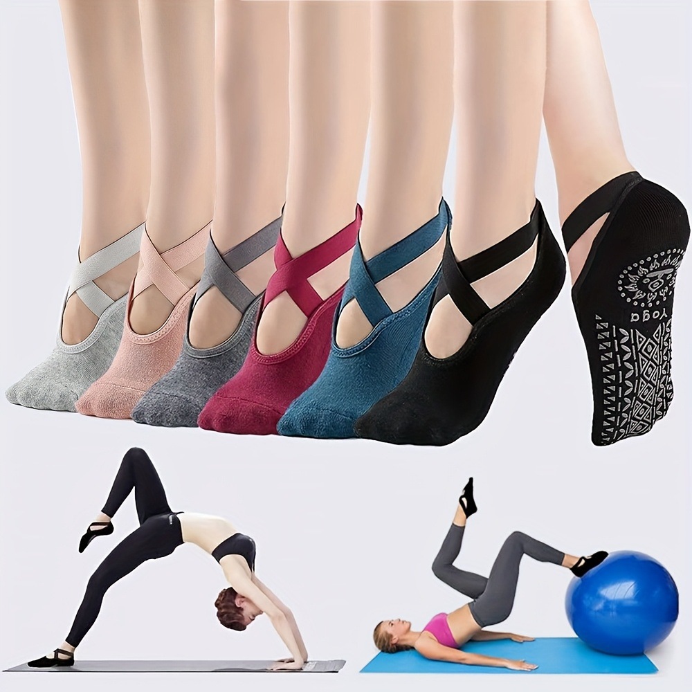 Cross-strap yoga socks for women, featuring a full-sole silicone anti-slip design, suitable for Pilates, pure cotton athletic socks for indoor use, and dance or fitness socks