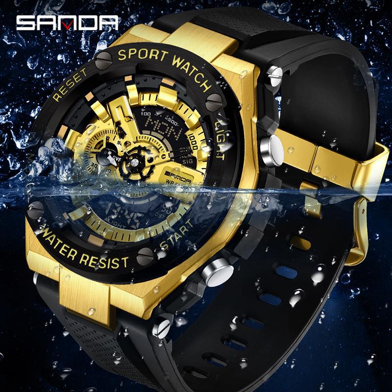 SANDA nueva lámpara de elevación de la mano reloj electrónico multifunción Deportes impermeable reloj de alarma reloj de los hombres 3170