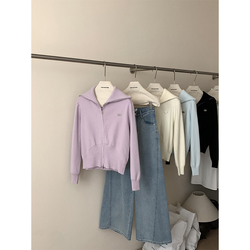 Chenzhi Two-Way Wear Navy Collar Double Zipper Design Knit Sweater for Women Spring Casual Cardigan Jacket 2738