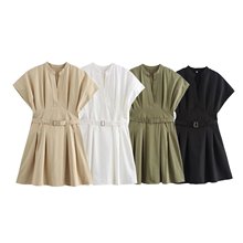 跨境外贸批发夏季女装欧美风百搭配腰带褶饰A字迷你裙女装