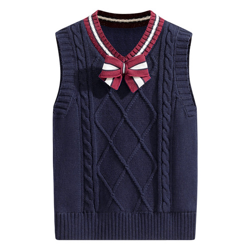 Children's Woolen Vest School Uniform Vest 2024 Spring and Autumn New Tops Girls Boys Students Woolen Bow Tie Vest