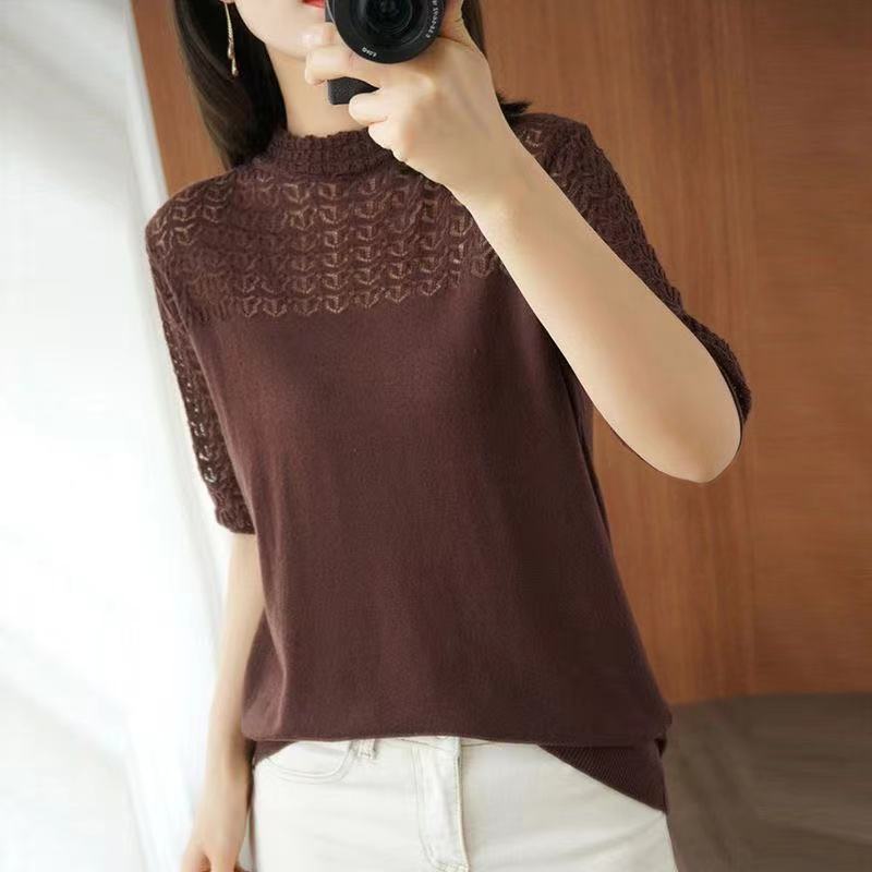 2023夏季新款短袖T恤女镂空半高领五分袖纯色针织纯色韩版宽松潮