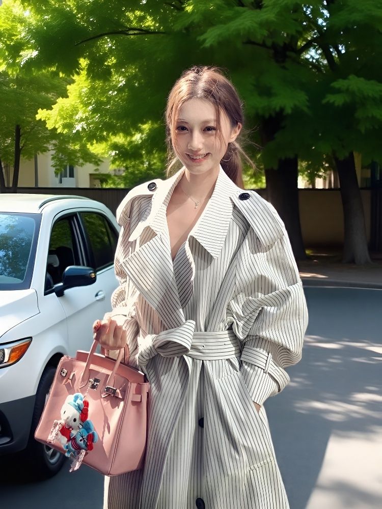 Korean Style Double-Breasted Vertical Striped Windbreaker Lace-Up Jacket for Women Autumn New Loose Mid-Length Windbreaker