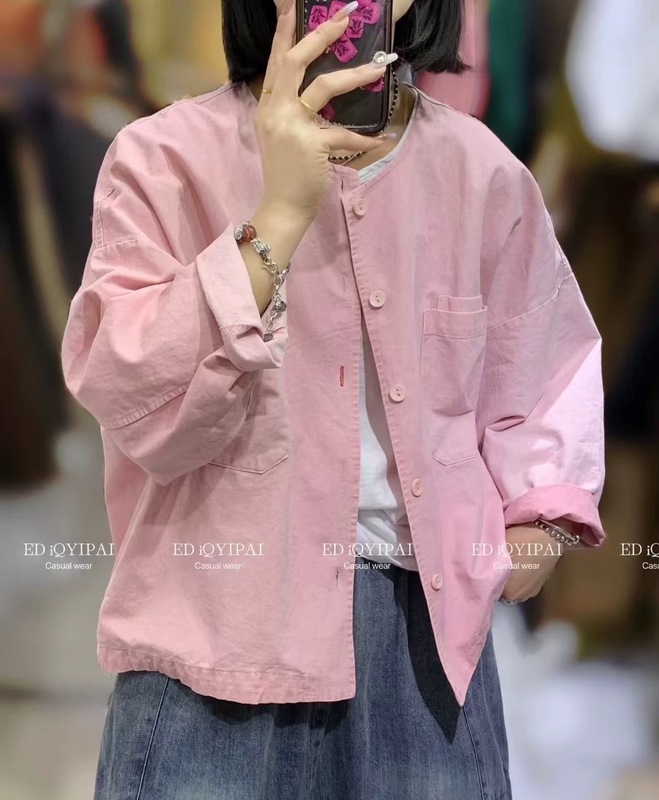 2025秋季韩版宽松时尚简约贴布大口袋圆领外套百搭休闲上衣女3790|undefined