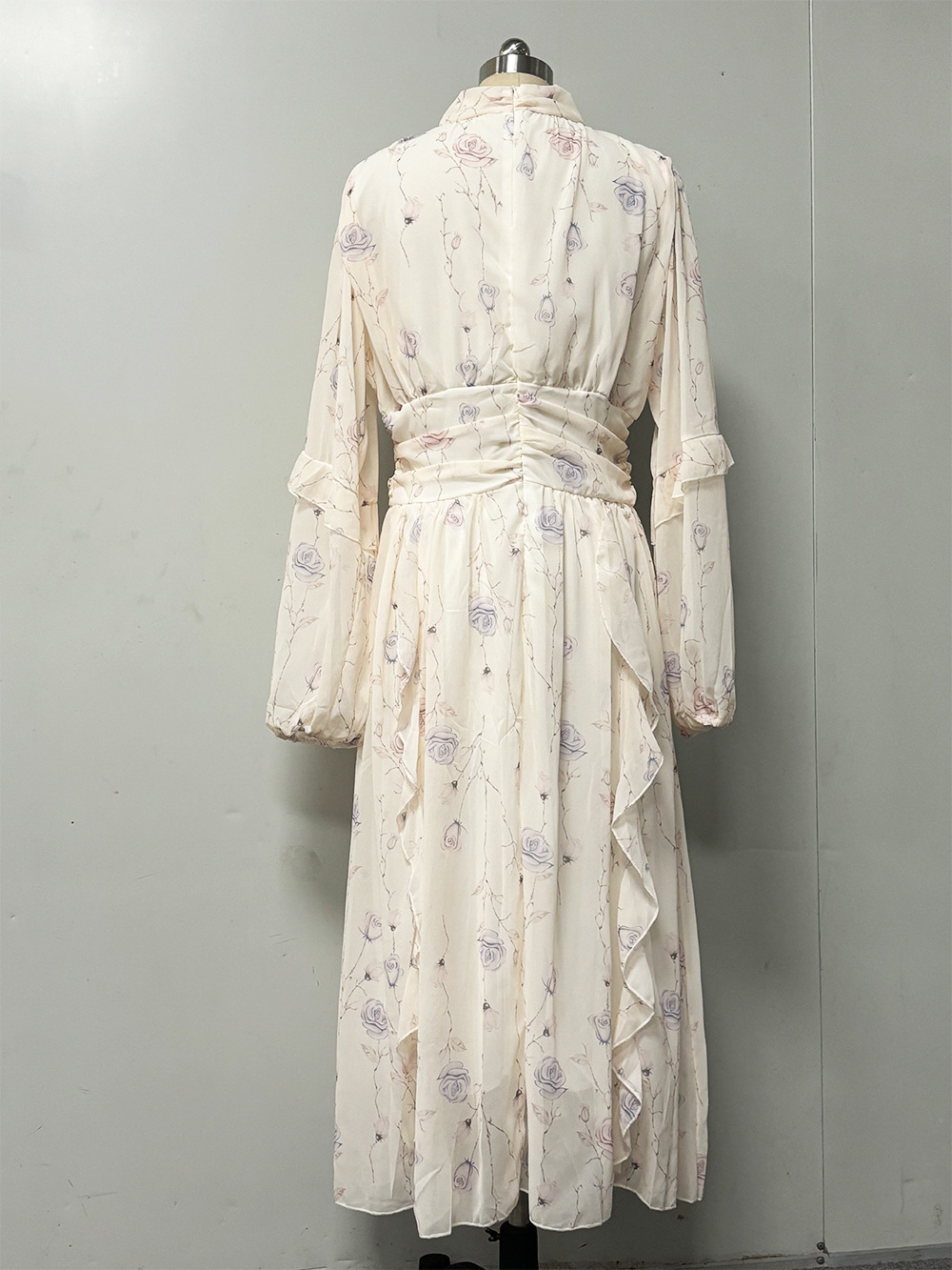 Women's Chiffon Printed Ruffled Long Sleeved Evening Dress Fashion Autumn Winter European American Style Cross Border_ecoleips.com