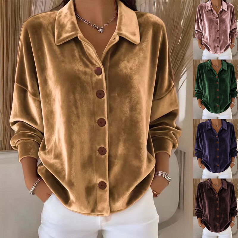 2025 New Cross-Border Foreign Trade Women's Clothing Casual Long-Sleeved Shirt Collar Cardigan Gold Velvet Multi-Color Women's Top Shirt