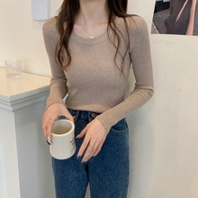 法式2025秋季韩版软糯休闲百搭低圆领长袖内搭针织打底衫女毛衣女