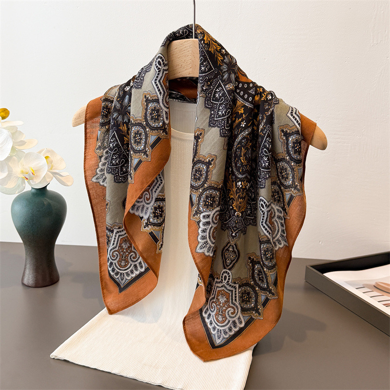 New Style Old Money Herringbone Pattern Cotton-Linen Feel Small Square Scarf, Silk-Like Velvet Headscarf, Shawl, Sun Protection Neck Scarf, Women's Scarf