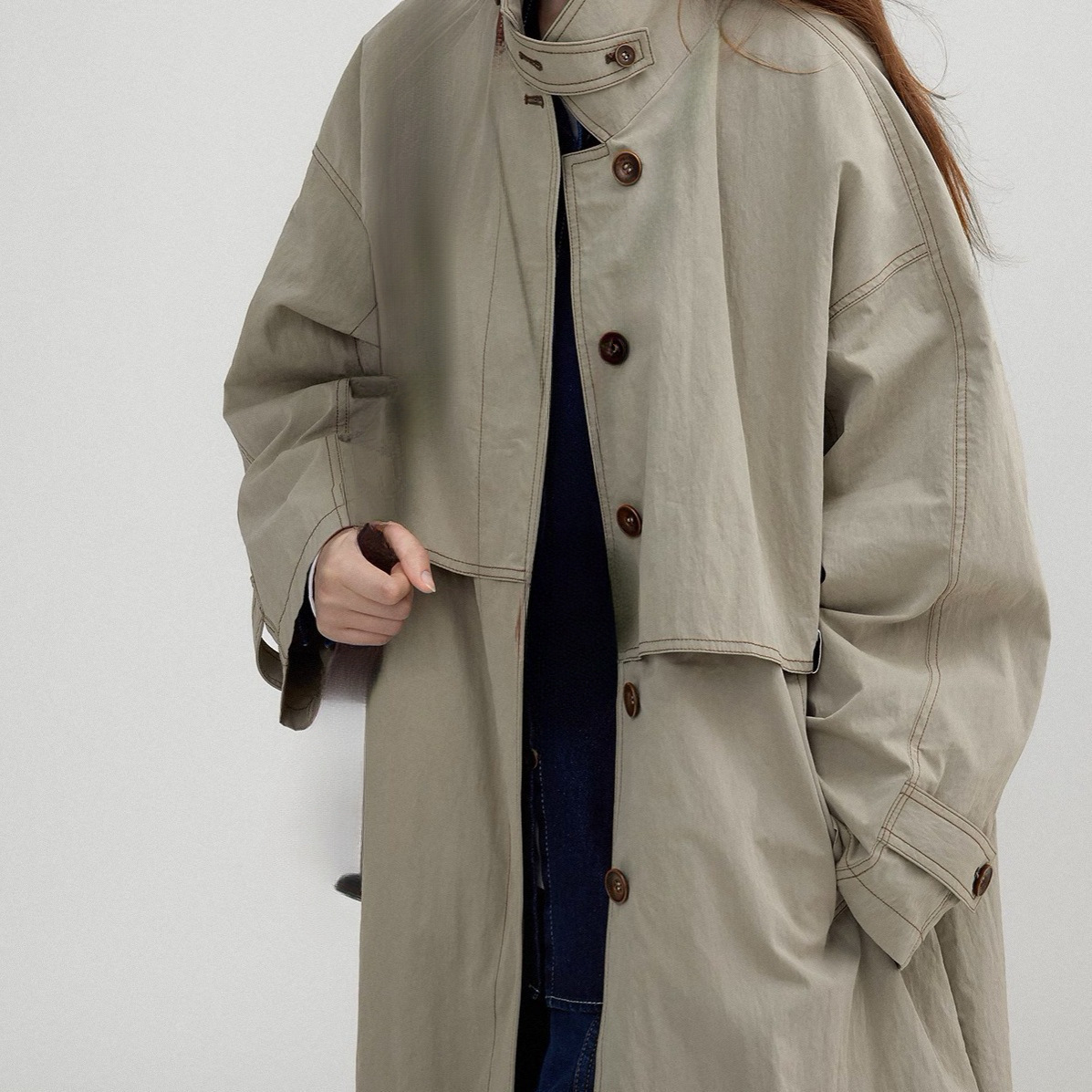 Cross-Border Autum New Sherlock Manuscript' Retro Stand-Up Collar Paper-Feel Washed Silhouette Long Autum Windbreaker Jacket for Women