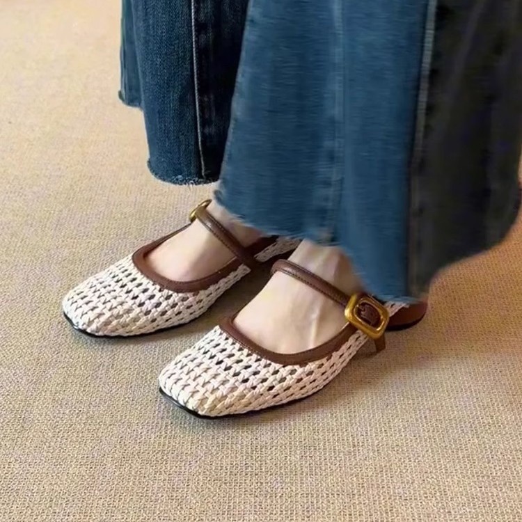 Piel de oveja suave ~ Zapatos Mary Jane huecos tejidos con punta cuadrada de cuero retro, sandalias de una línea de tacón grueso con punta cuadrada de boca baja para mujer