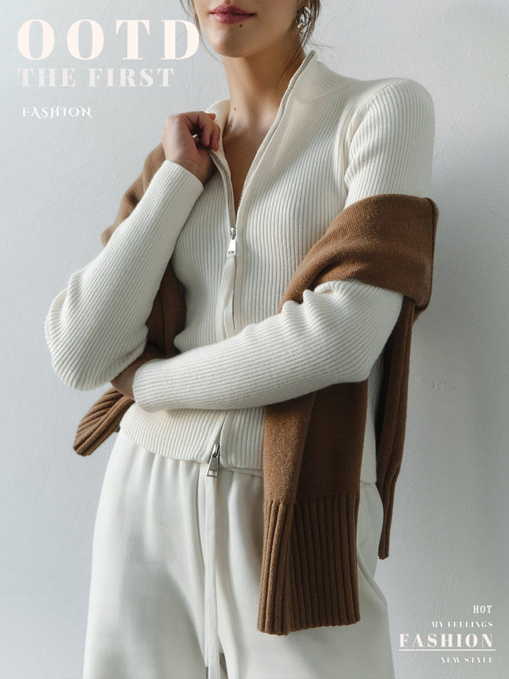 Áo cardigan len dệt kim cổ đứng, tay dài, khóa kéo đôi, dáng ôm ngắn — trắng, đen chi tiết 1