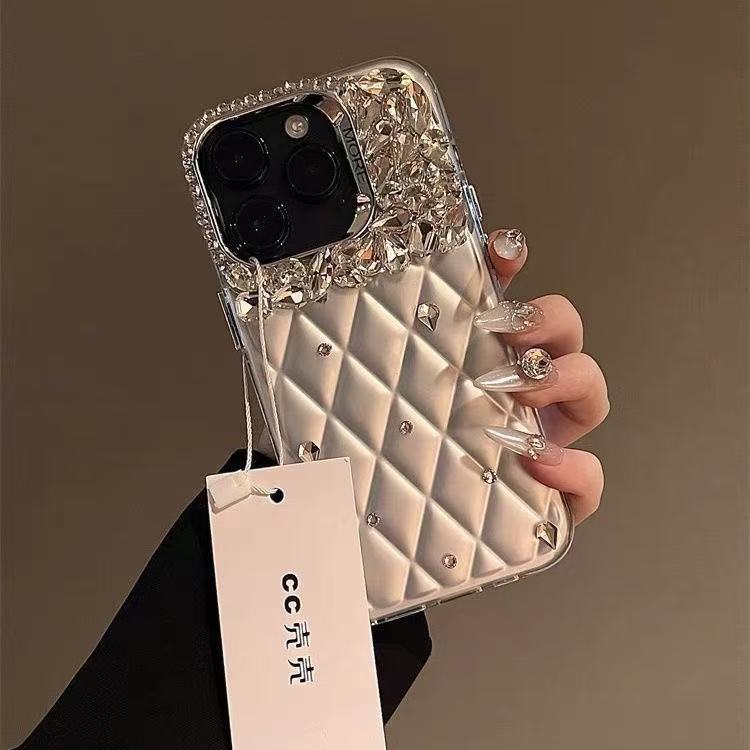 高颜值水钻适用苹果16promax手机壳iPhone15/14菱格闪钻13/12女款|undefined