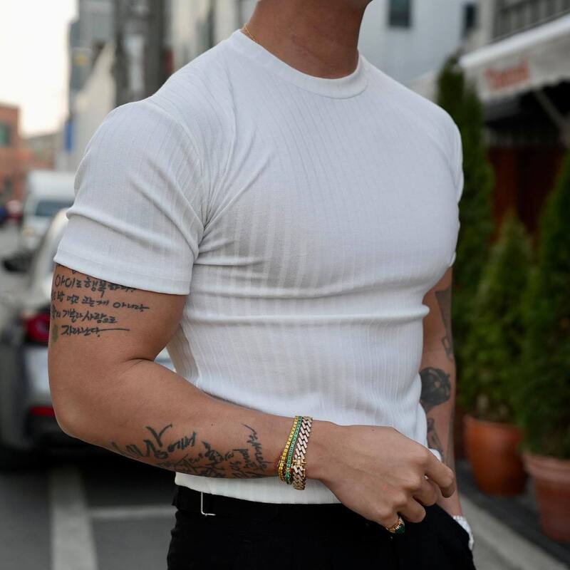 Ins Tide Brand Muscle Fitness Men's Summer Sports Fitness Leisure Round Neck Elastic Round Neck Short Sleeve Vertical Strip T-shirt