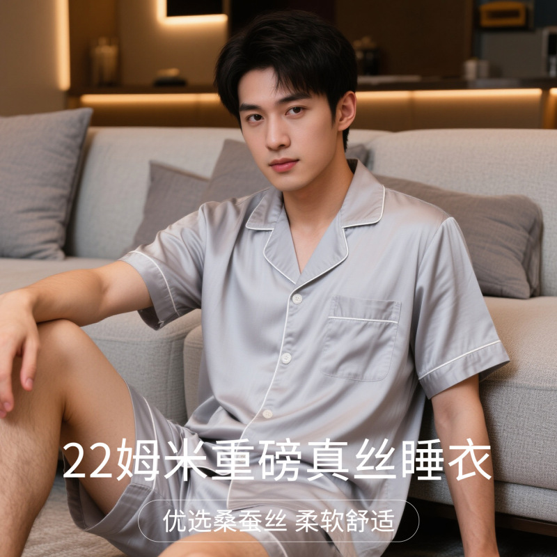 100% Mulberry Silk Heavyweight Silk Pajama Set for Men, Short-Sleeved Loungewear, Casual and Breathable, High-End Luxury Feel