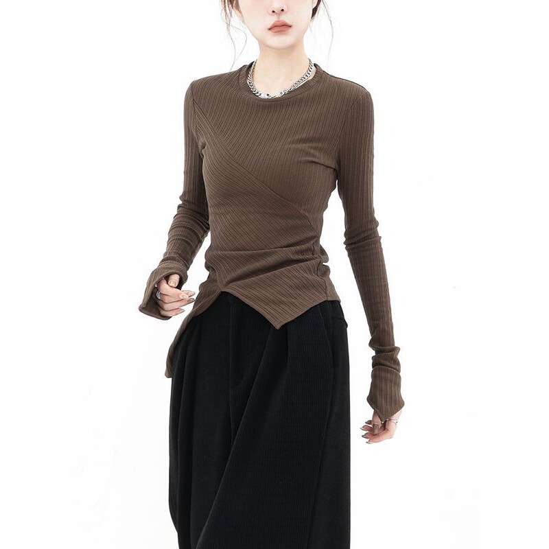 Solid Color Irregular Knitted Bottoming Shirt for Women in Spring and Autum New Design Threaded Round Neck Pullover Inner Top