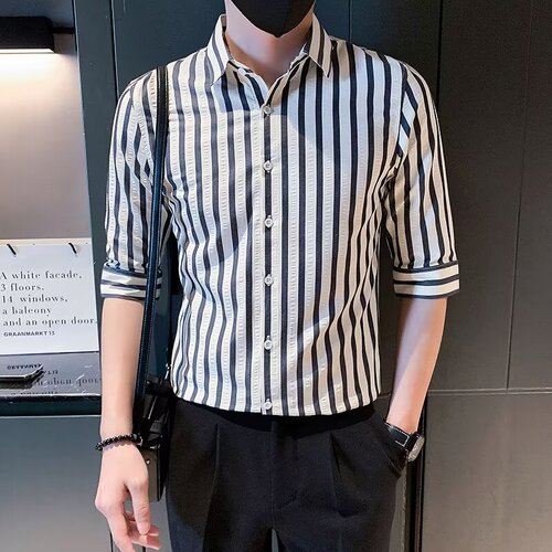 2024 Summer New Ice Striped Short-Sleeve Top Loose High-End Shirt Men's Trendy Bad Boy Stylish Versatile Collared Shirt