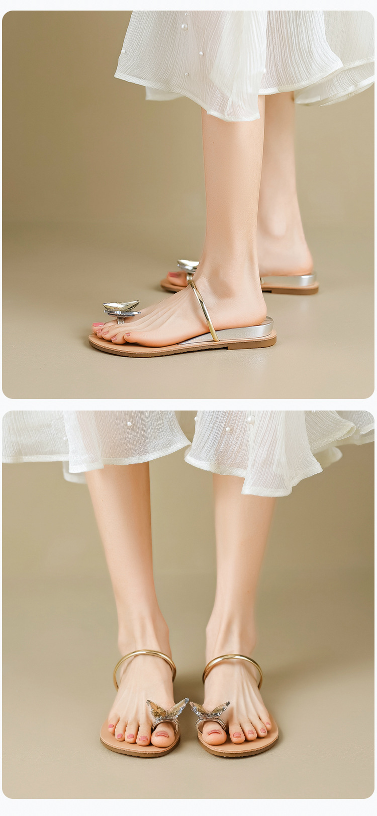 Open Toe Sandals For Women Summer New Fashion Butterfly Rhinestone One Line Flat Slippers With Clip Large Size_voghion.com