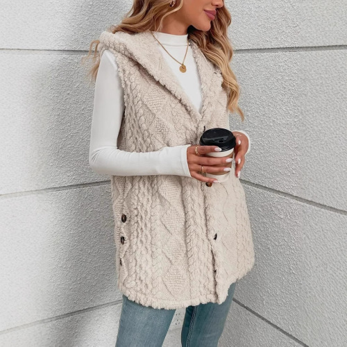 European and American cross-border foreign trade hot-selling solid color double-sided plush hooded button cardigan casual ladies autumn and winter vest