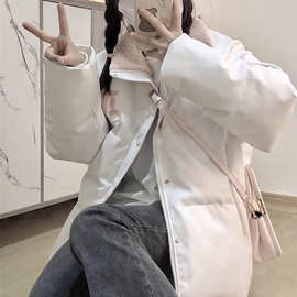 设计感拼接pu皮立领加厚棉服外套女冬季ins新款学生防寒保暖棉袄