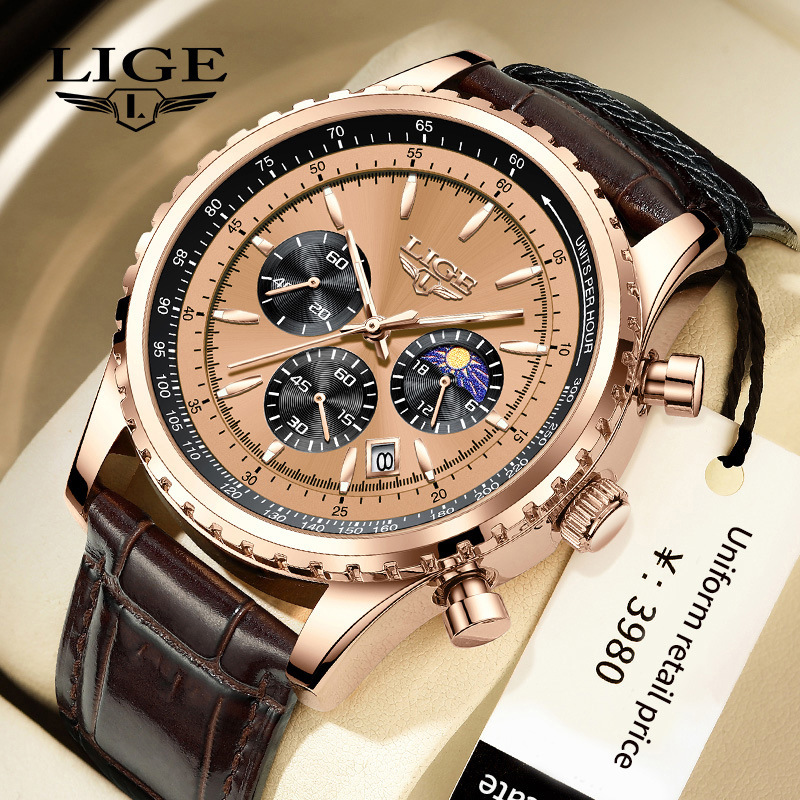 LIGE2023 new men's quartz watch multi-function chronograph sports waterproof watch Business Men's wristwatch