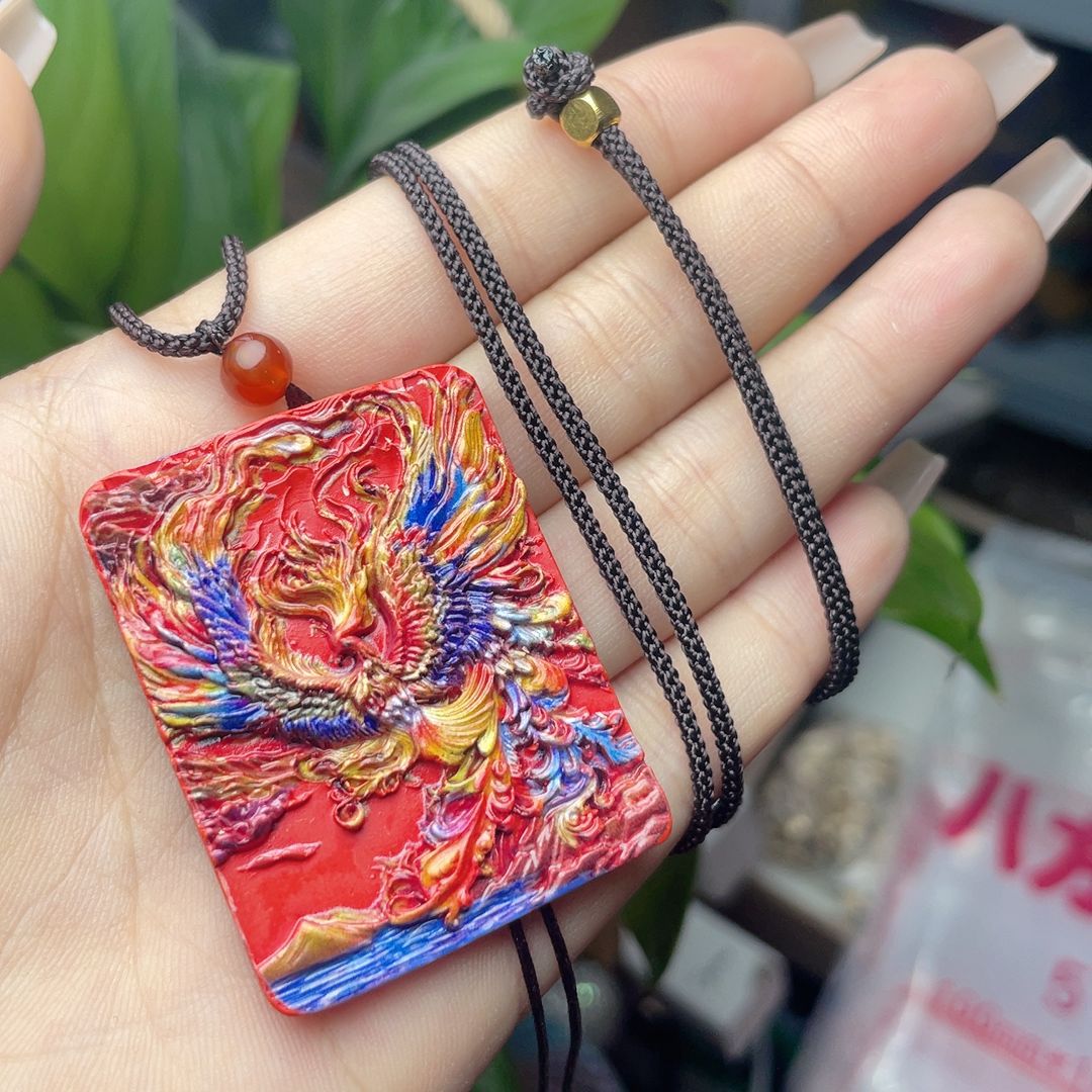 CINNABAR PAINTED PHOENIX PENDANT RED SAND PHOENIX YU FEI XIANGYUN 펜던트 브닝 니언 목걸이 스퀘어 브랜드