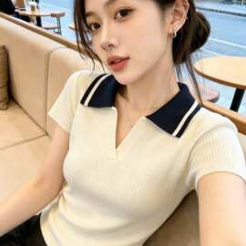 ZY615韩系Polo领撞色冰丝短袖针织衫女新款修身显瘦洋气短上衣