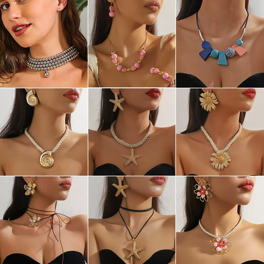 欧美跨境个性海星项链耳环套装时尚高级感锁骨链轻奢度假风项饰女
