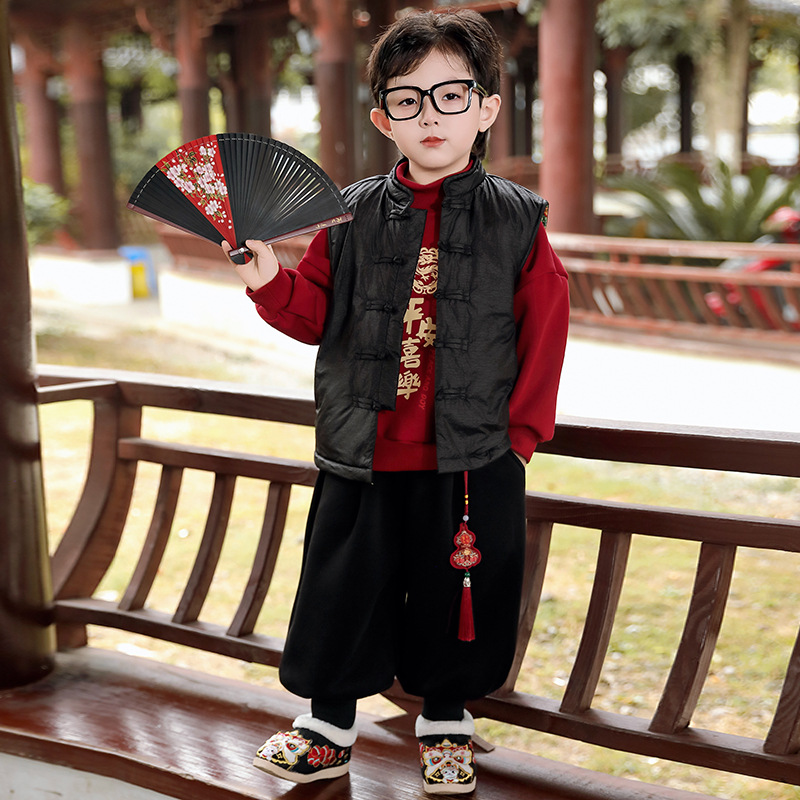 男童套装加绒加厚秋冬款2025新款过年红色喜庆卫衣儿童新年拜年服