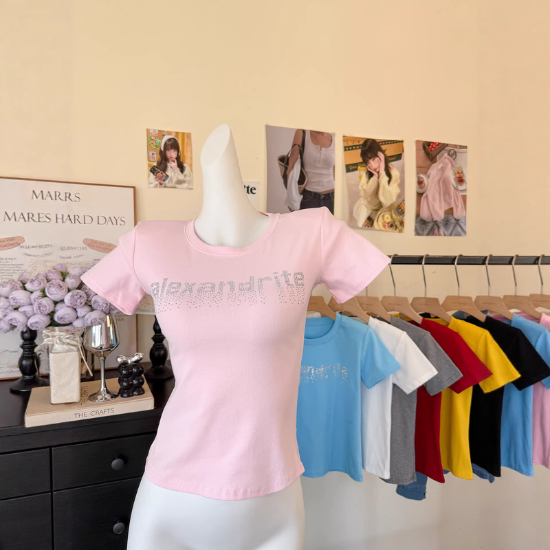 Li Wanjun Korean Style 91.5 Cotton Letter Rhinestone Slim Fit Round Neck T-Shirt Short Sleeve Women's Summer New Slimming Top Trendy Li Wanjun Korean Style 91.5 Cotton Letter Rhinestone Slim Fit Round Neck T-Shirt Short Sleeve Women's Summer New Slimming Top Trendy