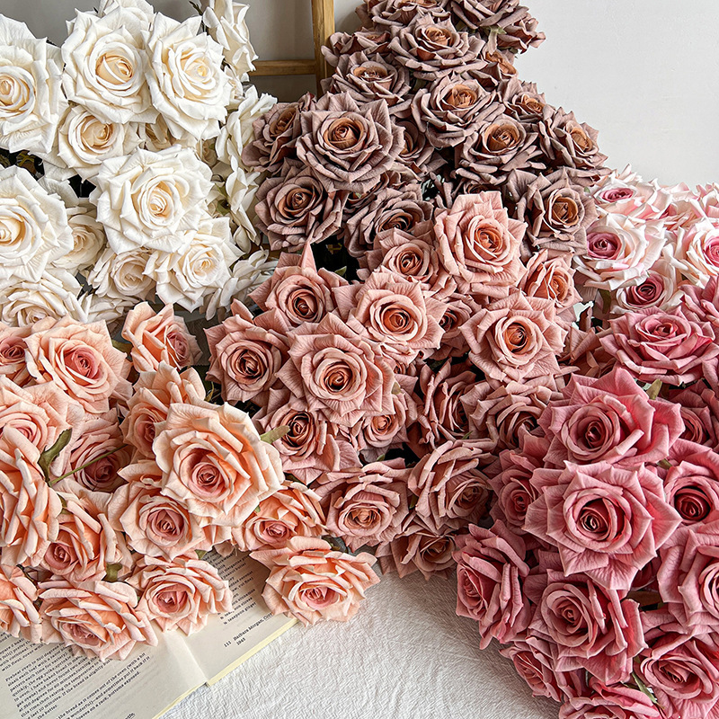 7 head embossed cappuccino rose bouquet artificial flower wedding car decoration fake flower dried flower bouquet high sense