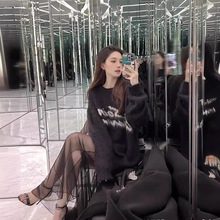 2024冬新款签名字母宽松软糯马海毛黑色针织衫慵懒风毛衣上衣男女