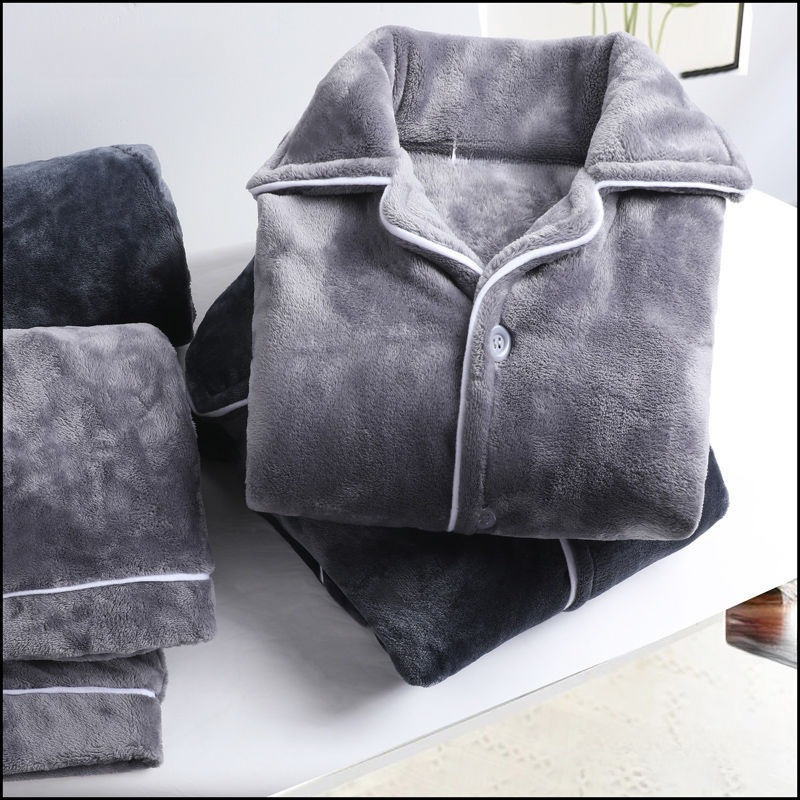 Transfronterizo hombre coral terciopelo pijama otoño y invierno grueso terciopelo cálido manga larga suelta franellas set de ropa para el hogar
