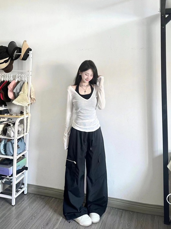三件套女2025秋季纯欲风辣妹防晒长袖罩衫上衣吊带背心高腰阔腿裤|undefined