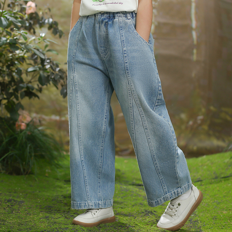 女童牛仔褲春秋款2024新款兒童早春薄款直筒褲子女大童春裝闊腿褲