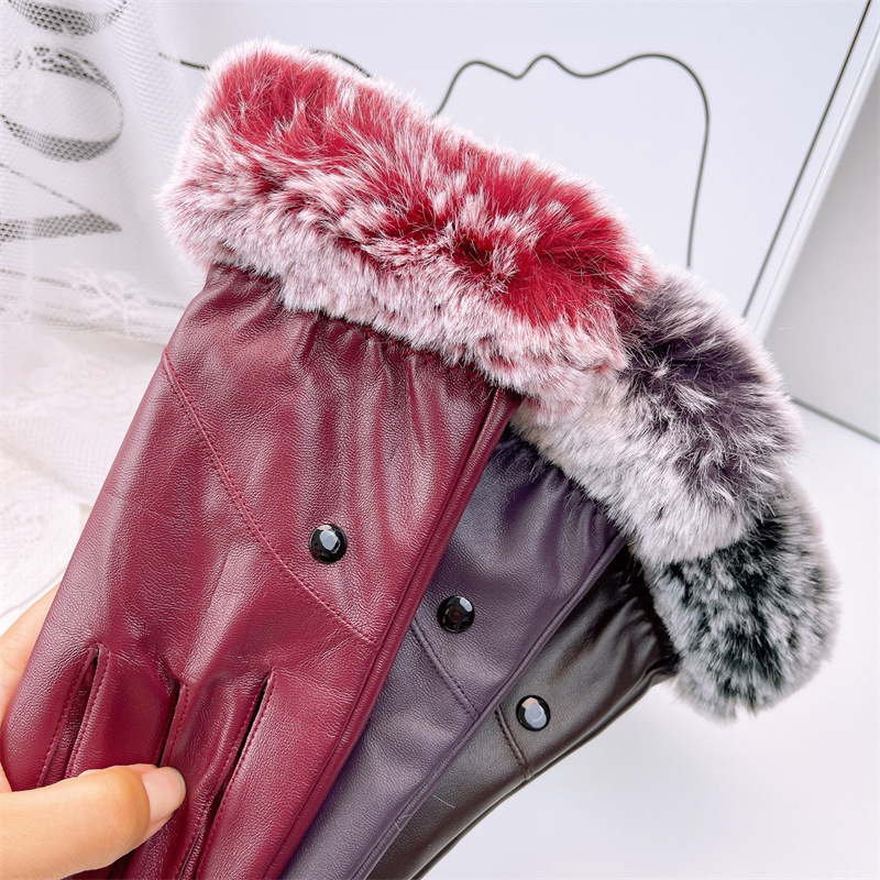 Simple casual leather gloves women's autumn and winter outdoor riding touch screen gloves fleece warm PU gloves_voghion.com
