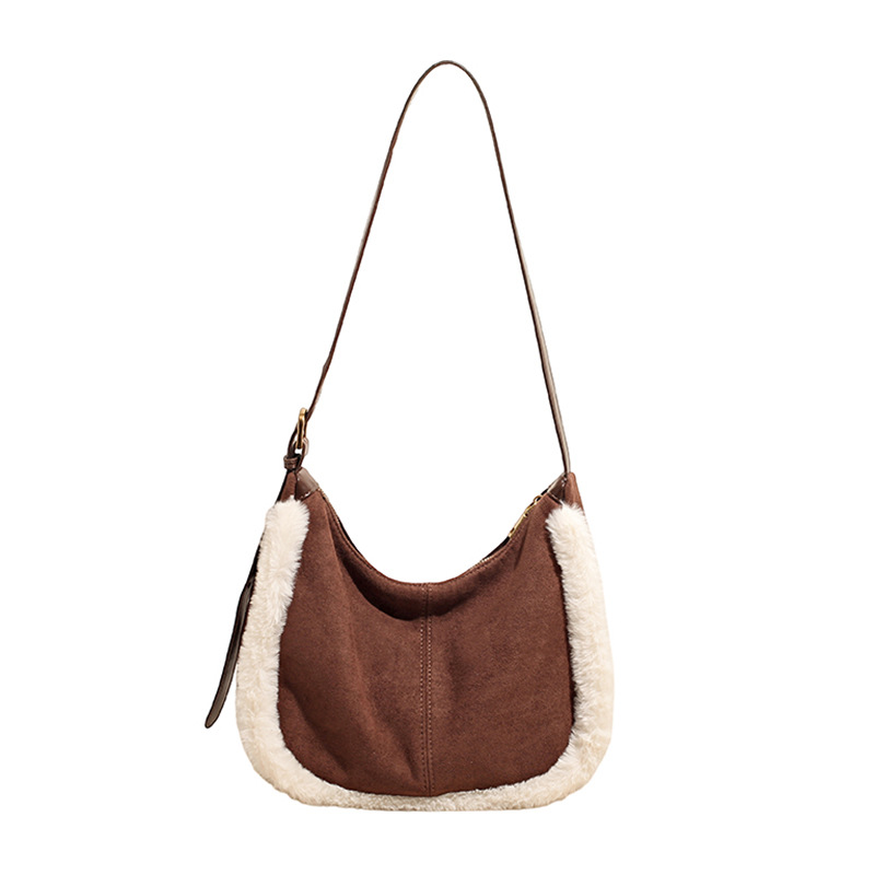 2025 otoño y invierno nuevo estilo retro de cuero de seda bolso de peludo de mujer bolso de cubo de peludo bolso de hombro de color de colisión bolso de mochila versátil