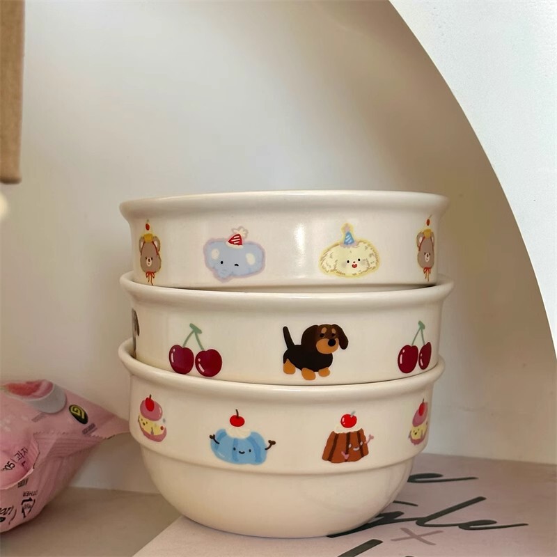 Cartoon Cream Hand-painted Rice Bowl Ceramic Tableware High Color Value Household Dessert Bowl Yogurt Salah Bowl Household Rice Bowl