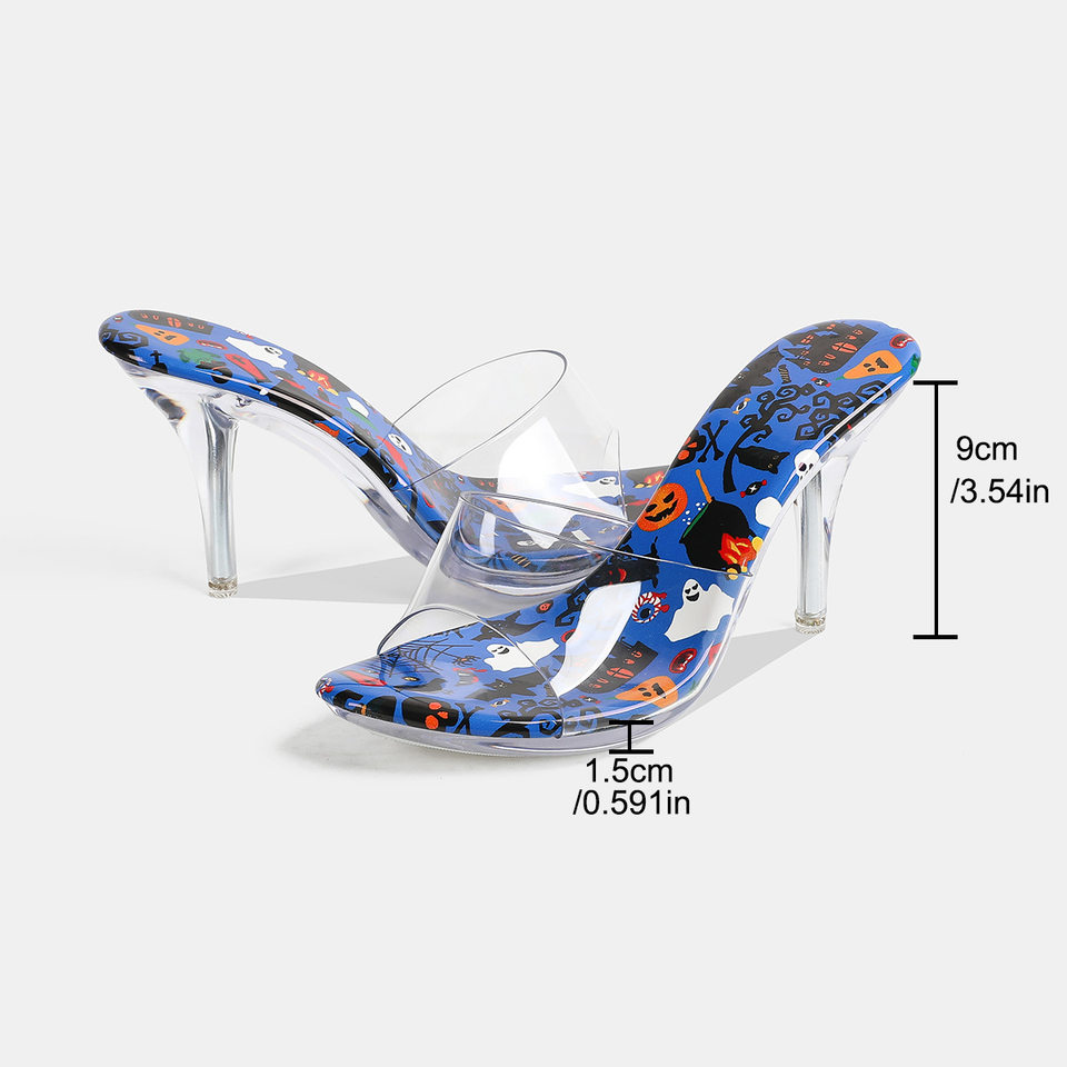 Dép sandal nữ quai ngang mũi hở, đế mỏng gót nhọn cao trên 8 cm, phối họa tiết trong suốt — Màu xanh da trời, trắng, đen chi tiết 2
