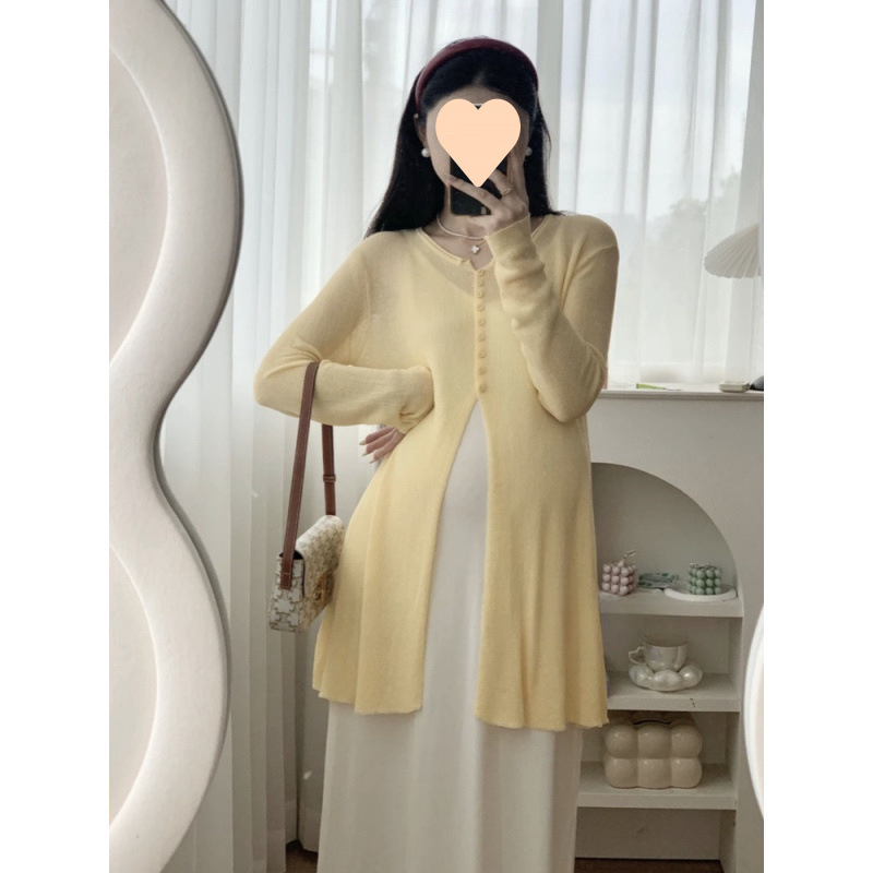 임산부복 여름 신상 긴팔 디자인 상의 중간 길이 솔리드 컬러 칼라 서스펜더 스커트 캐주얼 투피스 수트