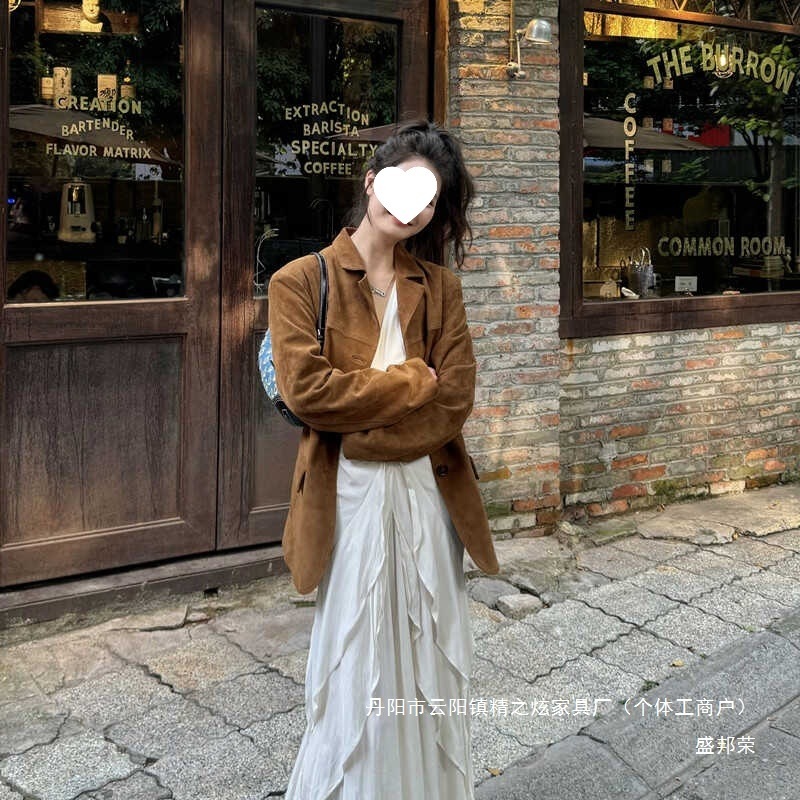 厂家直销麂皮西装外套女2025早春秋季新款皮衣美拉德棕色感小个子|undefined